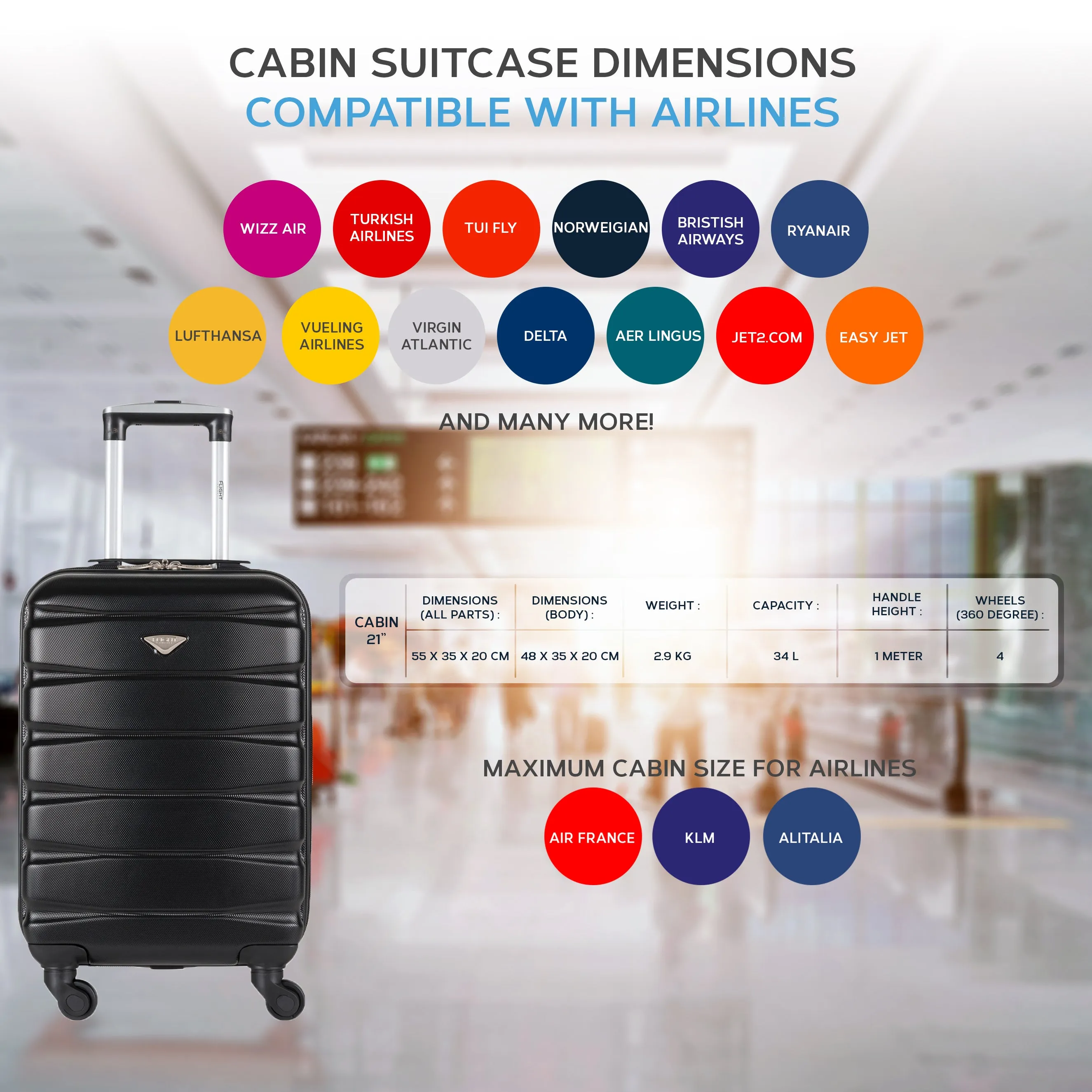 55x35x20 Lightweight 4 Wheel ABS Hard Case Suitcases Cabin Carry On Hand Luggage