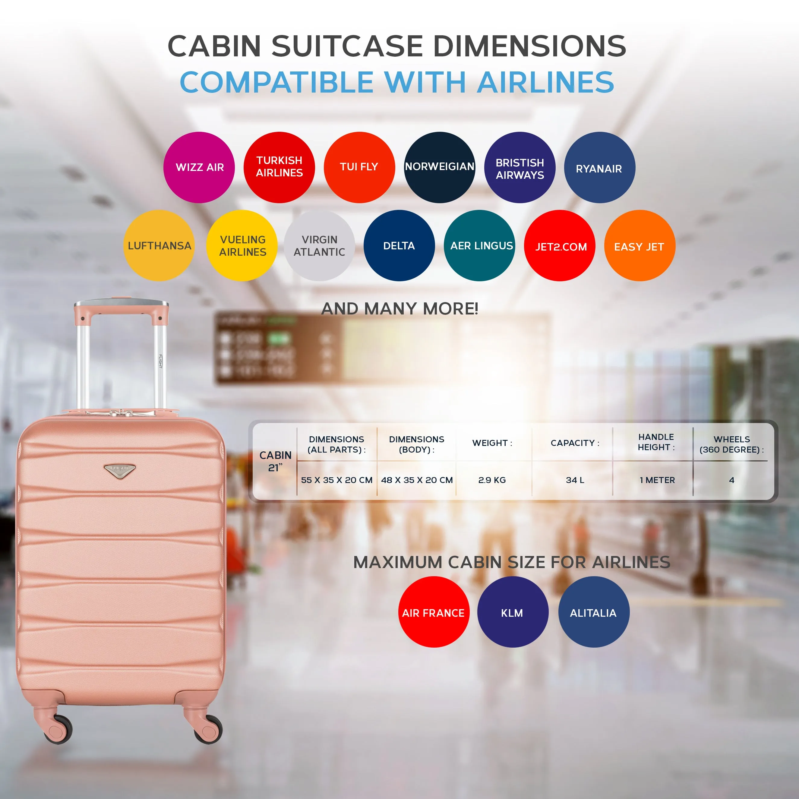 55x35x20 Lightweight 4 Wheel ABS Hard Case Suitcases Cabin Carry On Hand Luggage