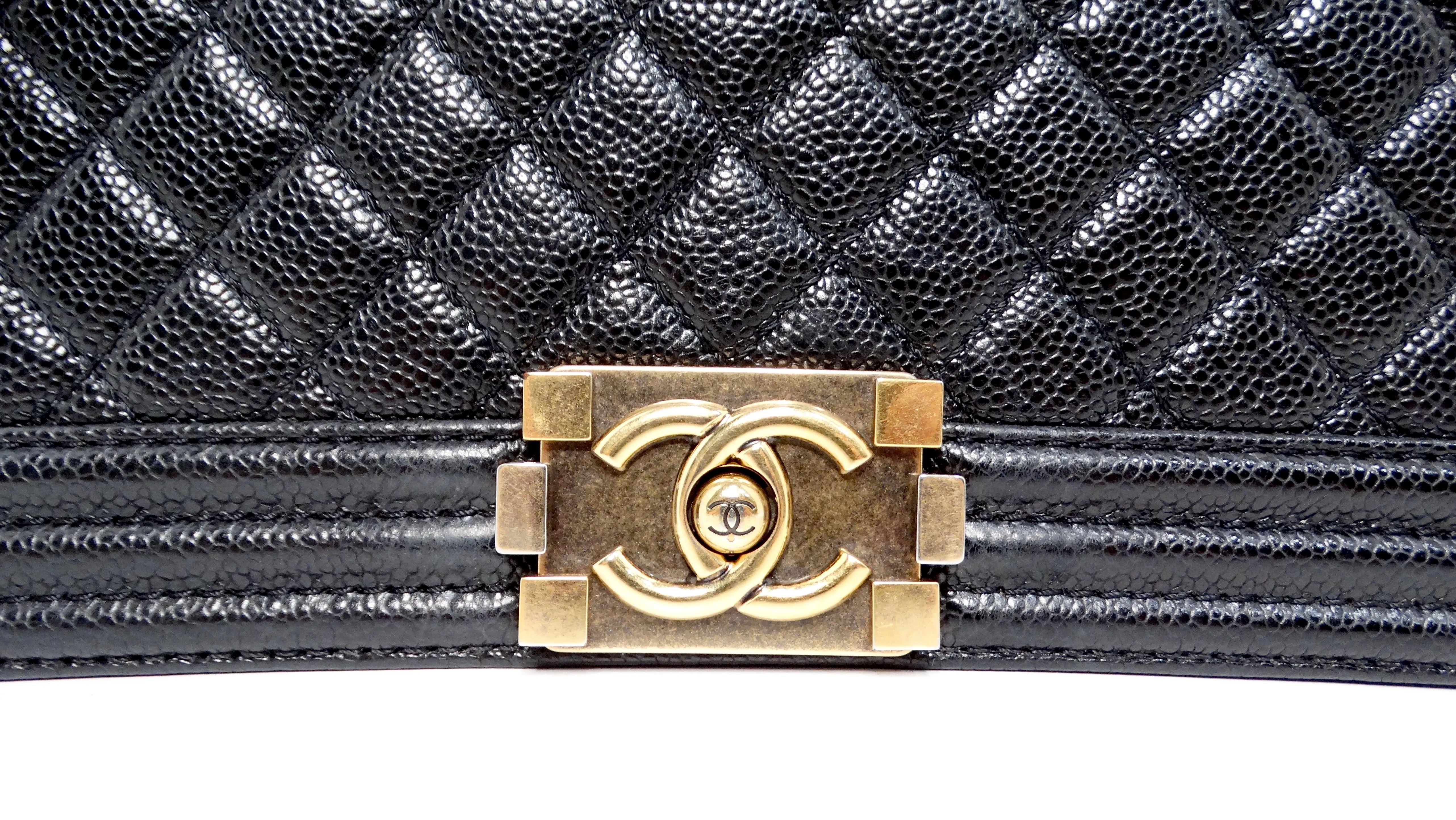 Chanel 2014 "New Medium" Black Caviar Boy Bag With Antique Gold-Tone Hardware