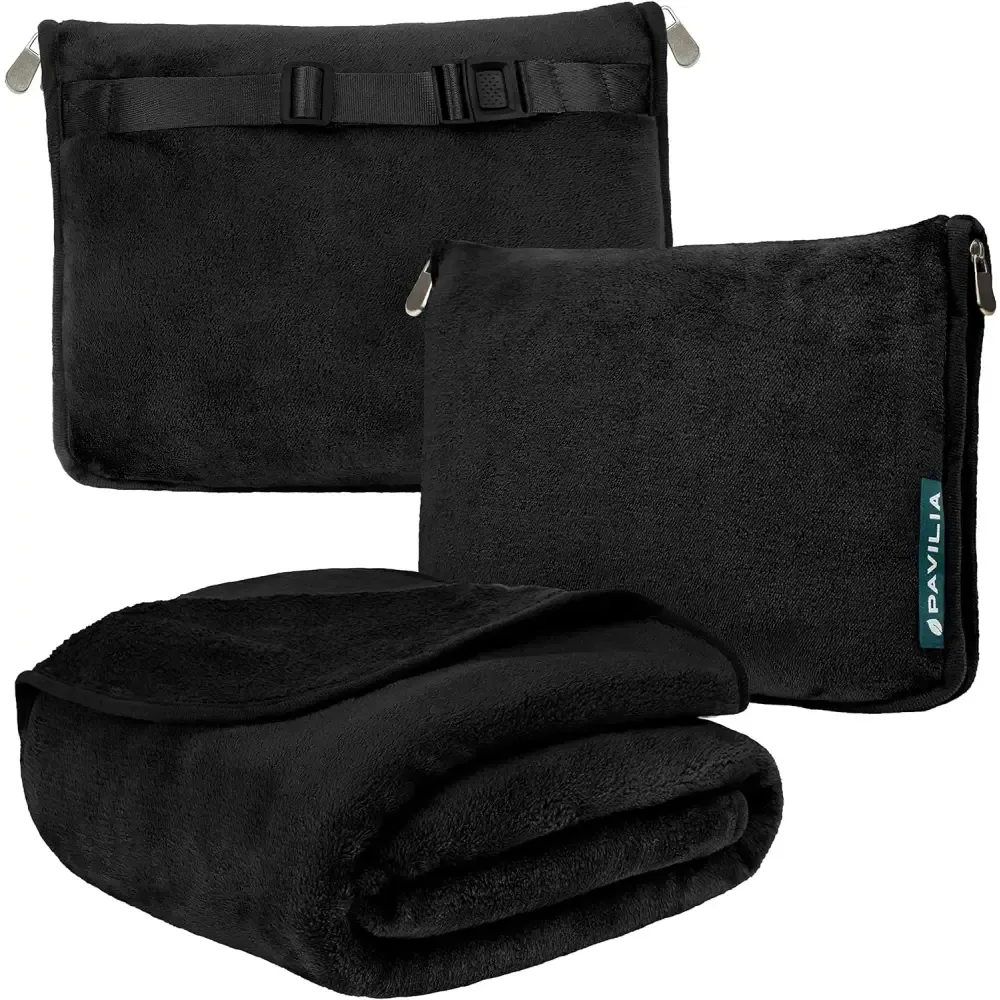 Cozy Red Fleece Travel Blanket with Hand Warmer Pouches
