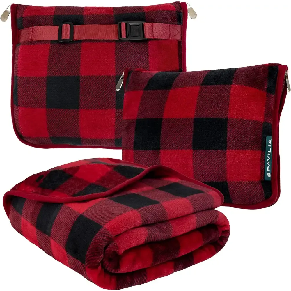 Cozy Red Fleece Travel Blanket with Hand Warmer Pouches