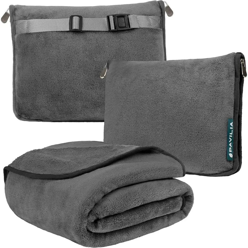 Cozy Red Fleece Travel Blanket with Hand Warmer Pouches