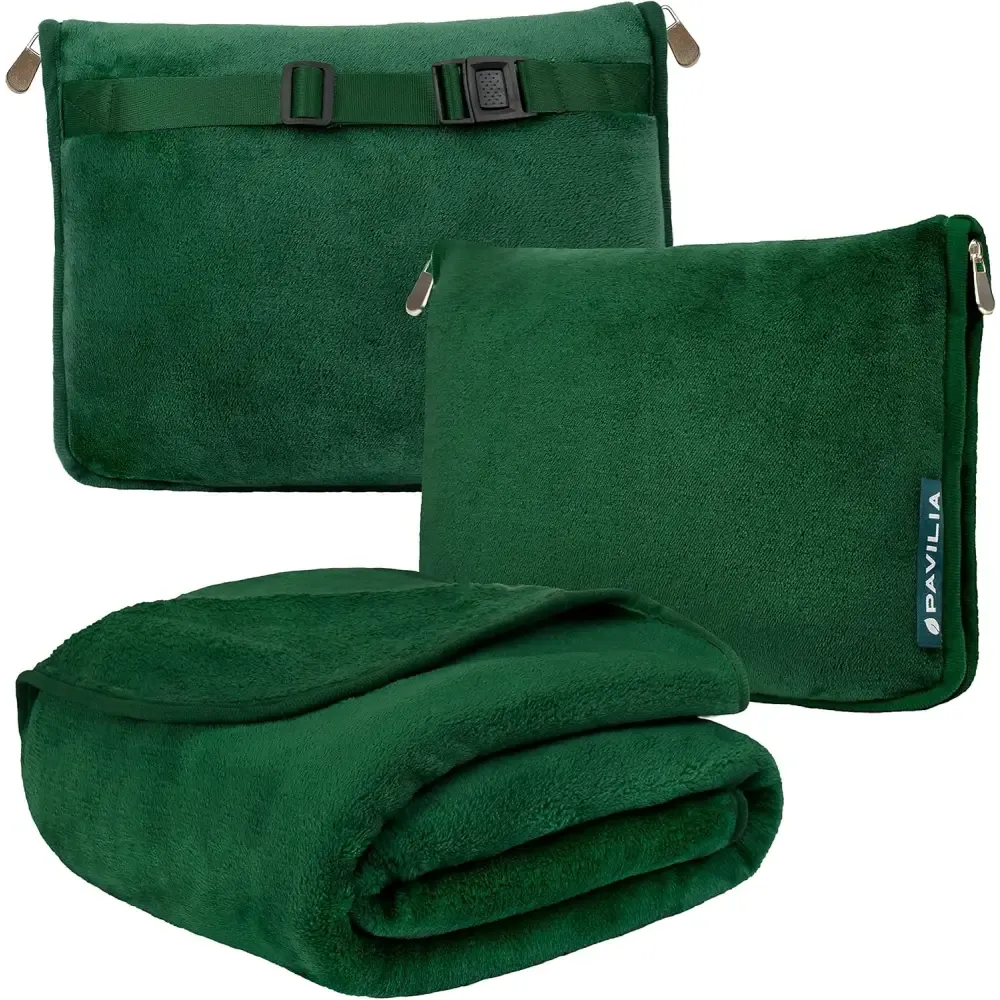 Cozy Red Fleece Travel Blanket with Hand Warmer Pouches