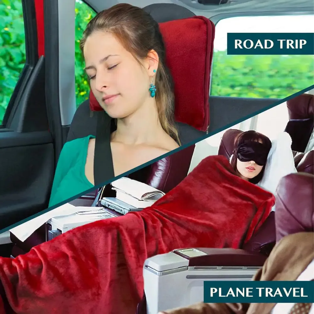 Cozy Red Fleece Travel Blanket with Hand Warmer Pouches