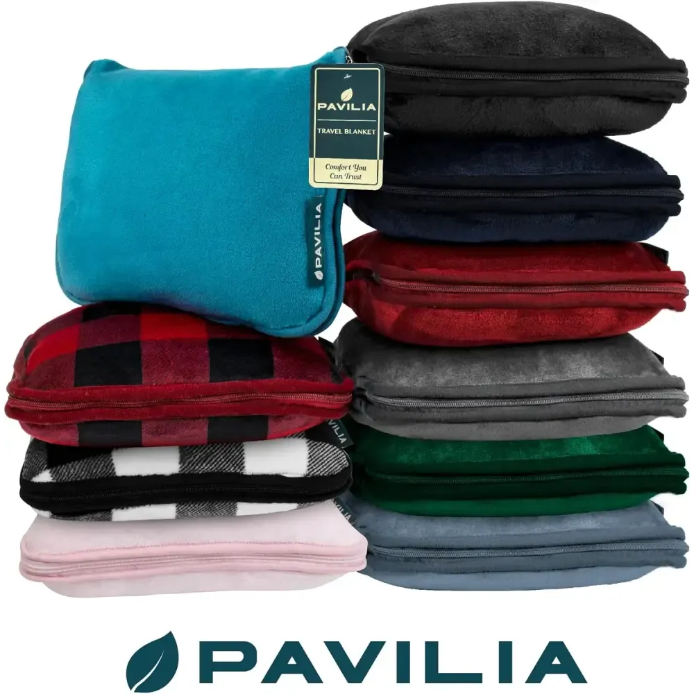 Cozy Red Fleece Travel Blanket with Hand Warmer Pouches