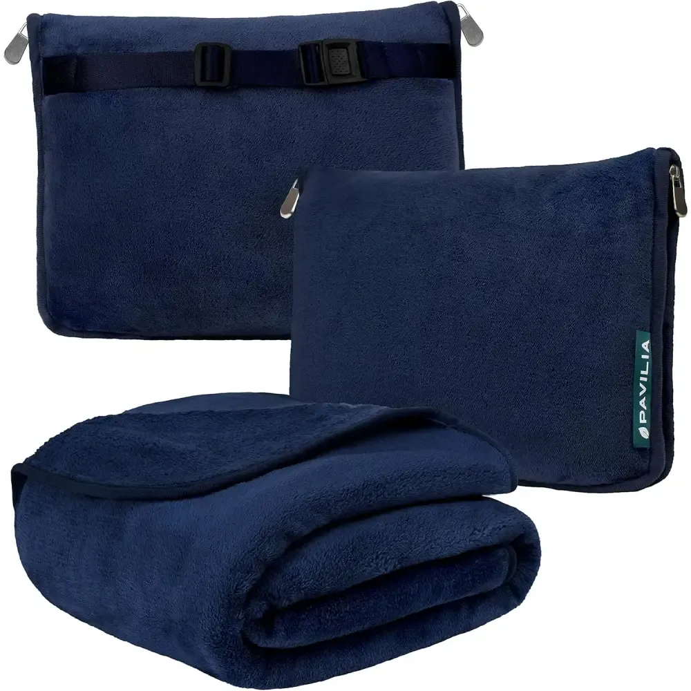 Cozy Red Fleece Travel Blanket with Hand Warmer Pouches
