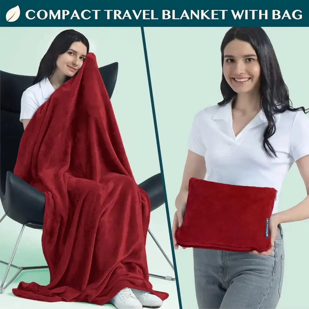 Cozy Red Fleece Travel Blanket with Hand Warmer Pouches