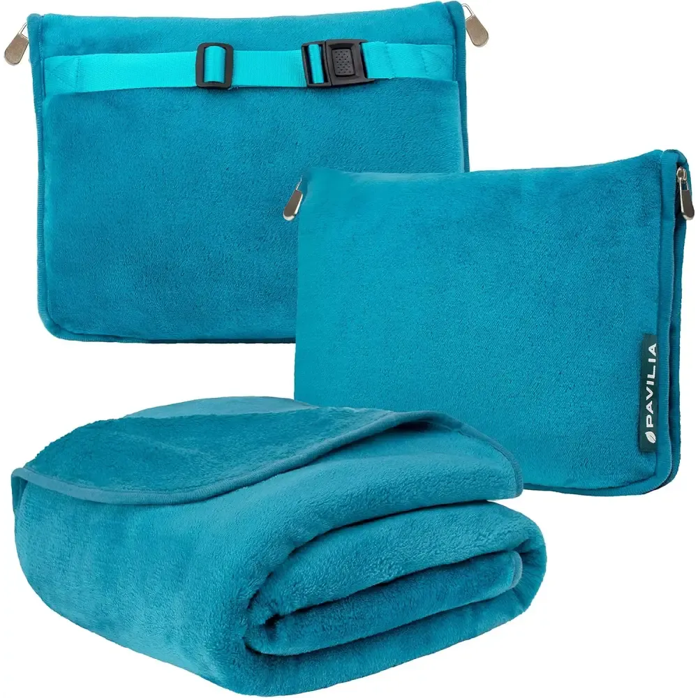 Cozy Red Fleece Travel Blanket with Hand Warmer Pouches