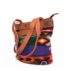 Handbag Andean Design w/ Brown Leather Geometric Pattern