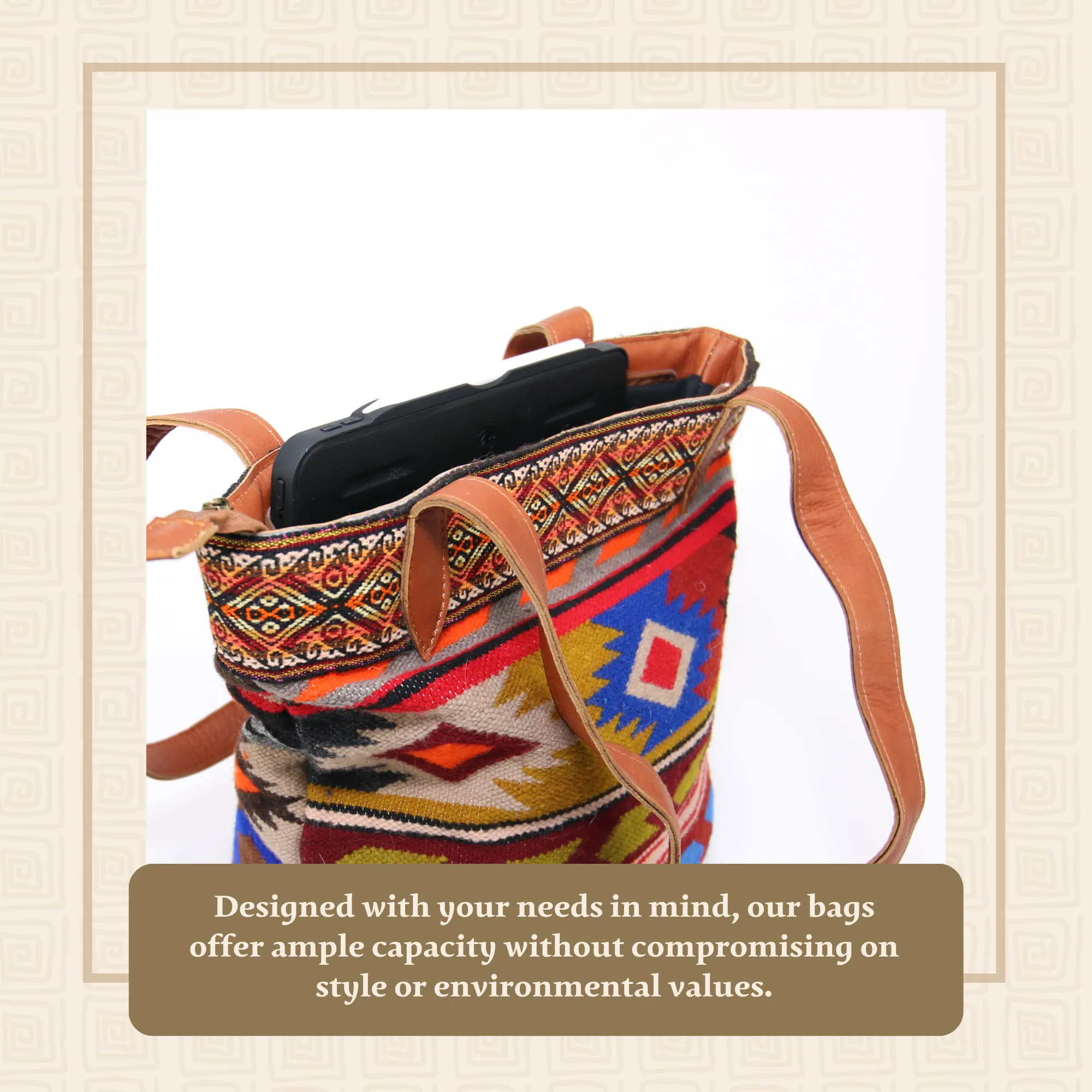 Handbag Andean Design w/ Brown Leather Geometric Pattern