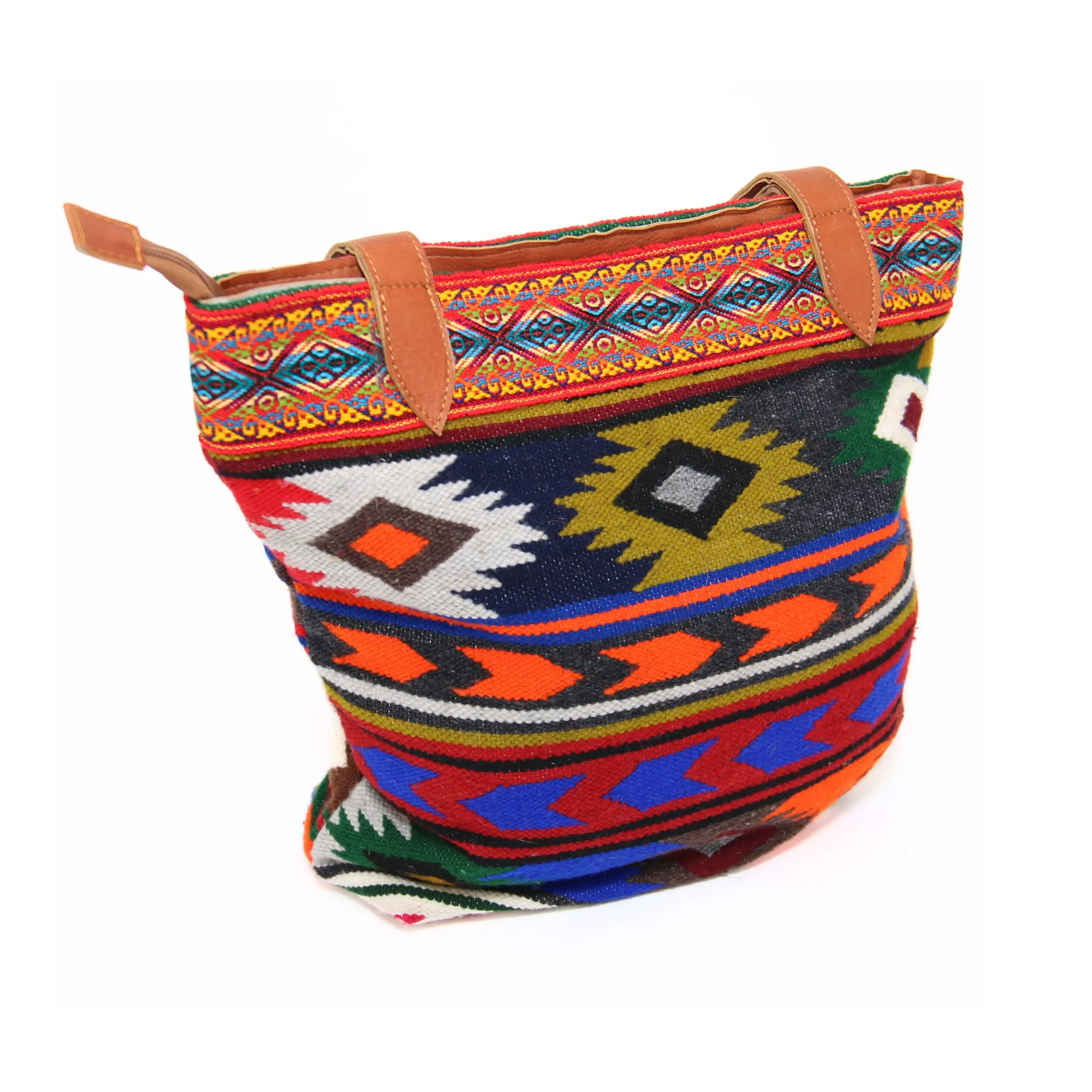 Handbag Andean Design w/ Brown Leather Geometric Pattern