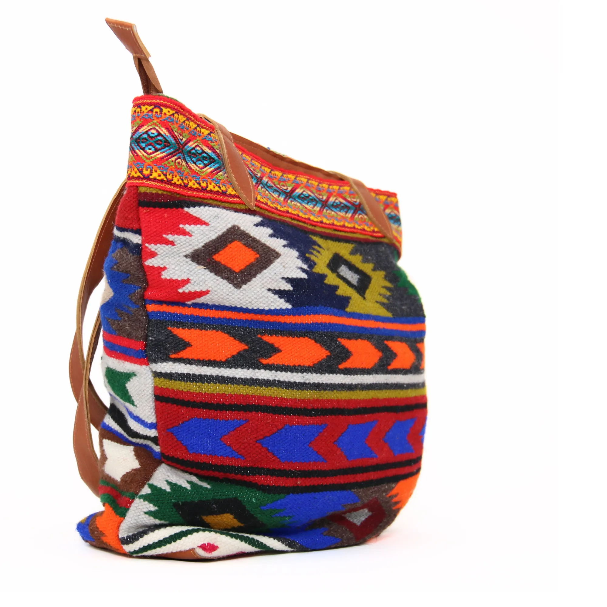 Handbag Andean Design w/ Brown Leather Geometric Pattern