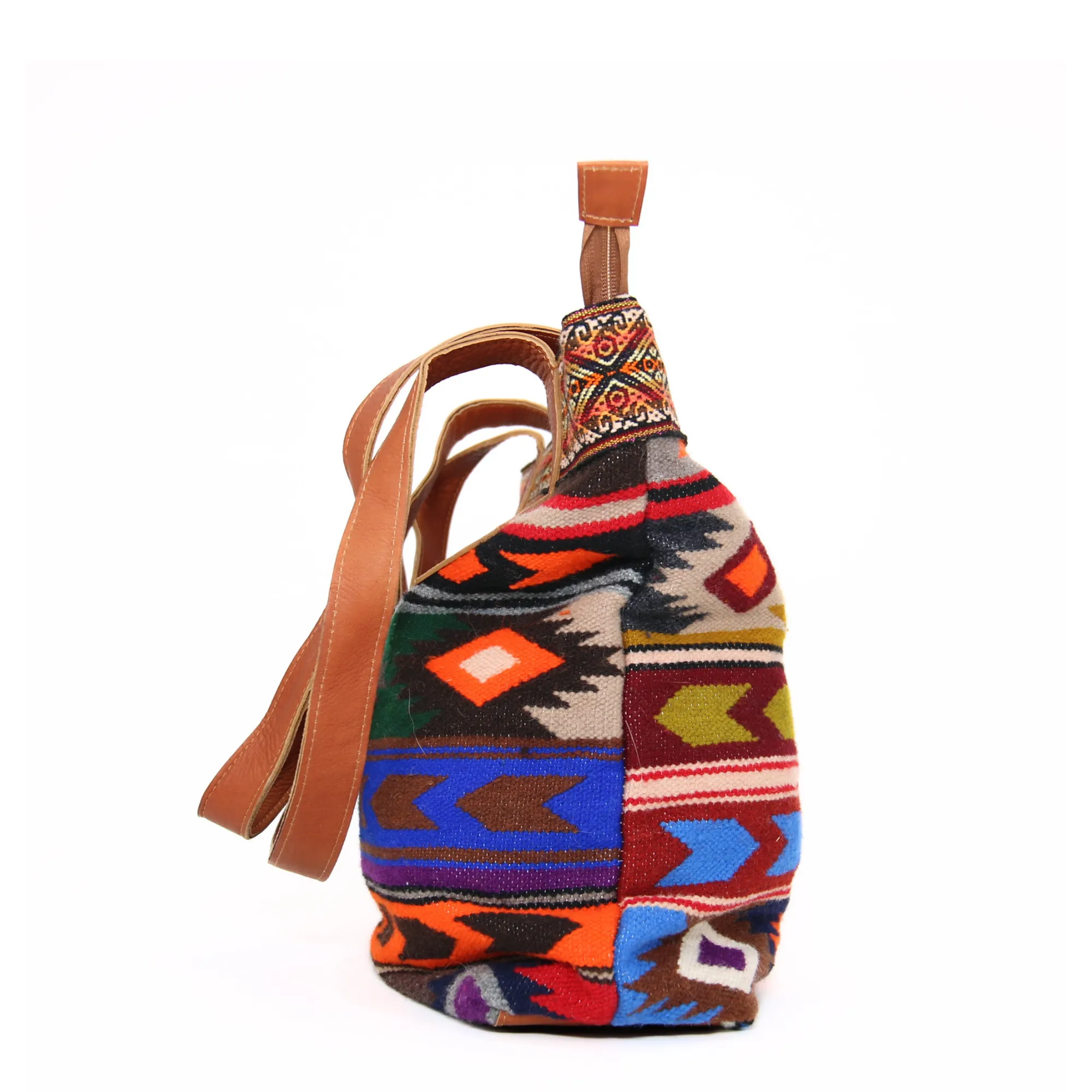Handbag Andean Design w/ Brown Leather Geometric Pattern