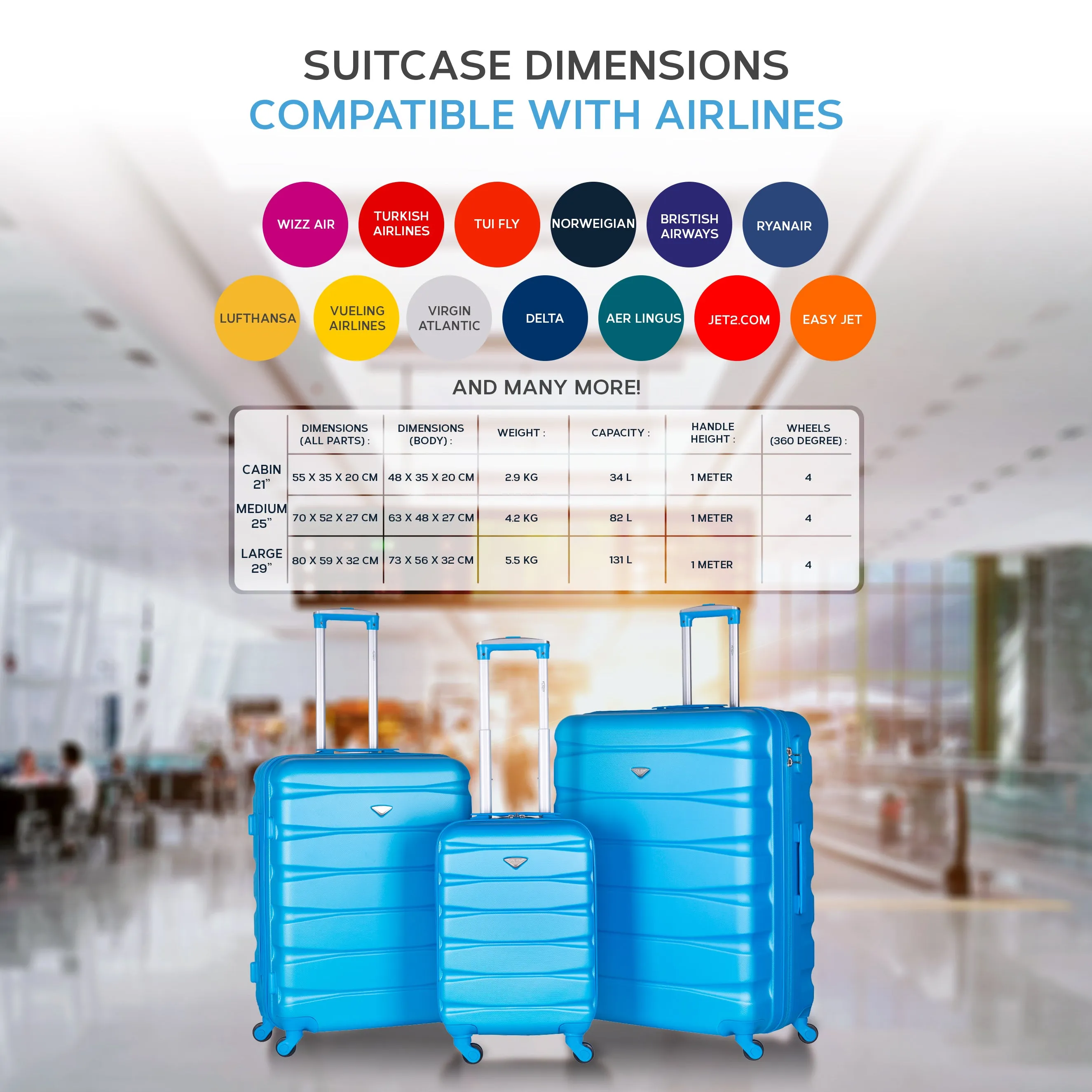 Lightweight 4 Wheel ABS Hard Case Suitcases Cabin & Hold Luggage Options 100  Airlines Approved