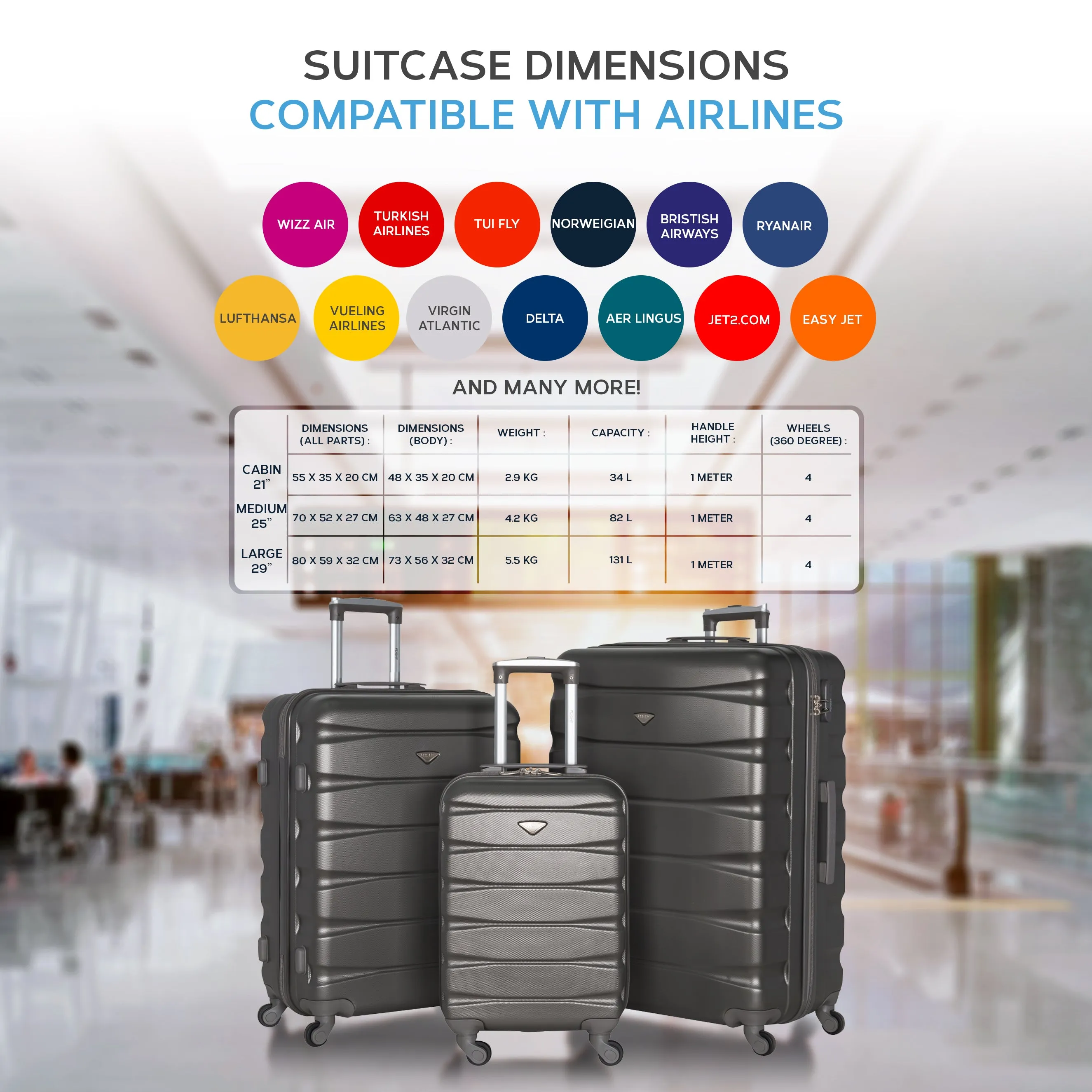Lightweight 4 Wheel ABS Hard Case Suitcases Cabin & Hold Luggage Options 100  Airlines Approved
