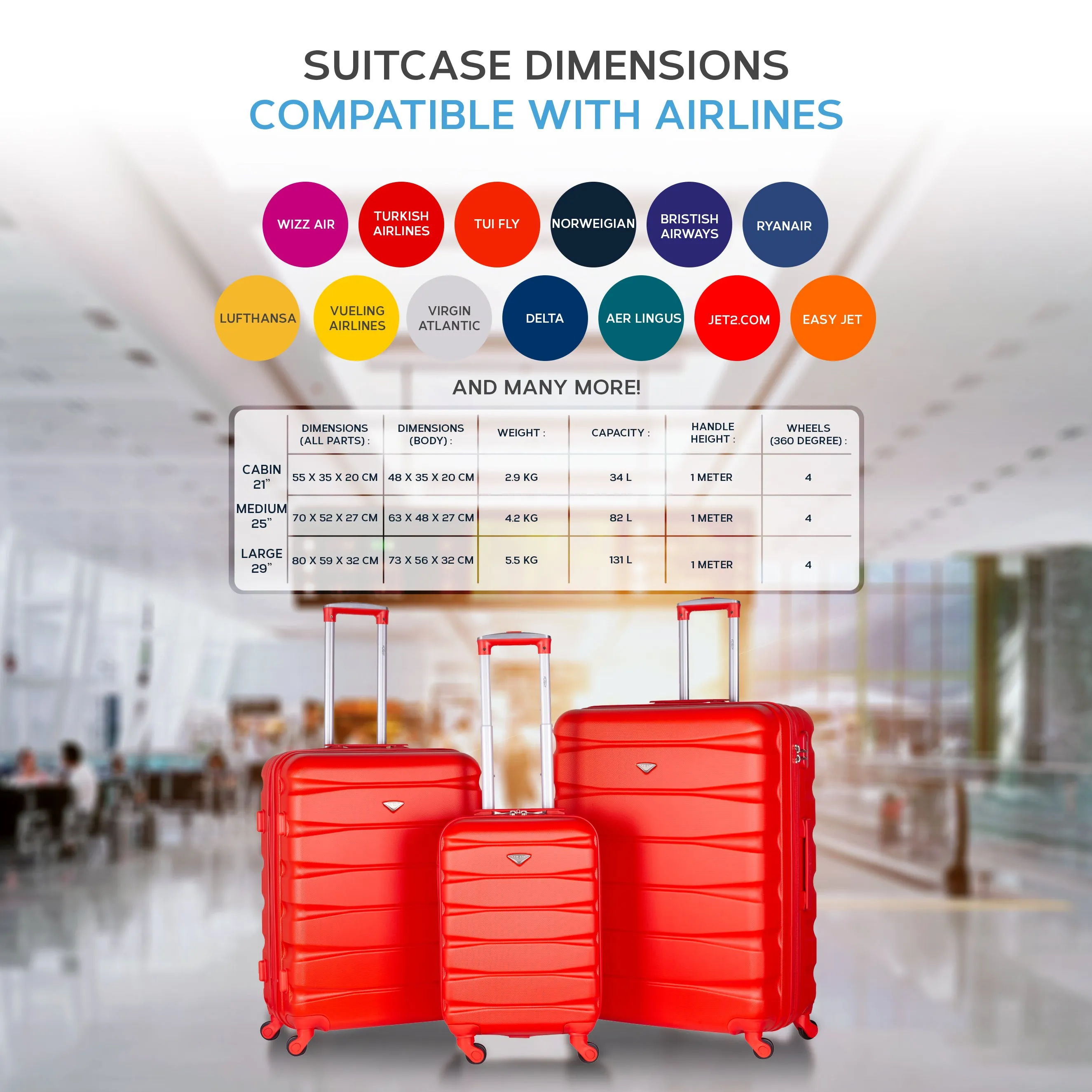Lightweight 4 Wheel ABS Hard Case Suitcases Cabin & Hold Luggage Options 100  Airlines Approved