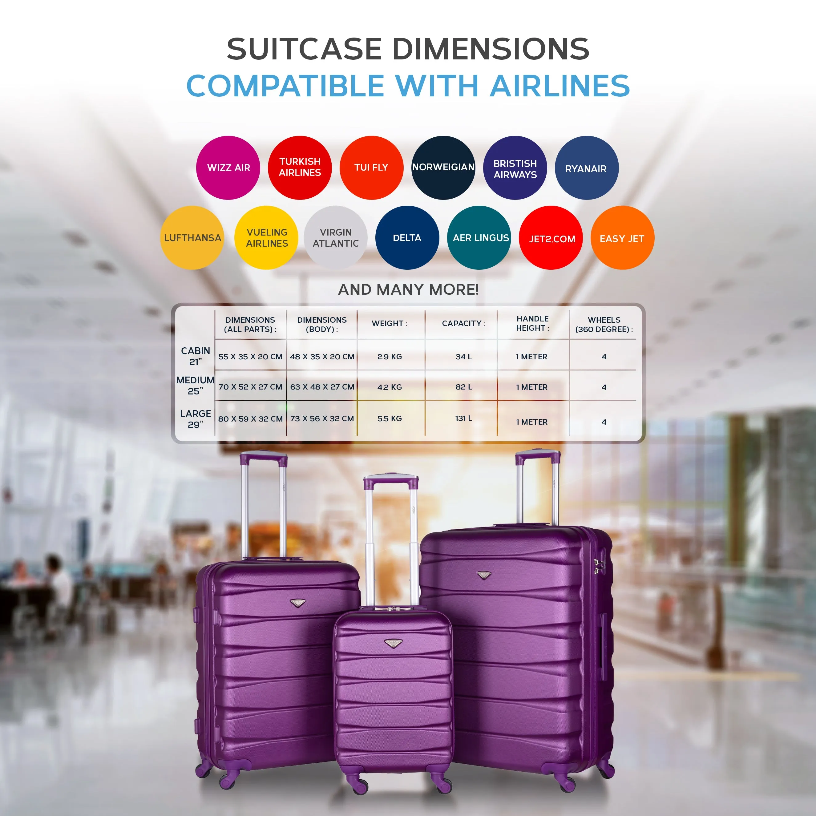 Lightweight 4 Wheel ABS Hard Case Suitcases Cabin & Hold Luggage Options 100  Airlines Approved