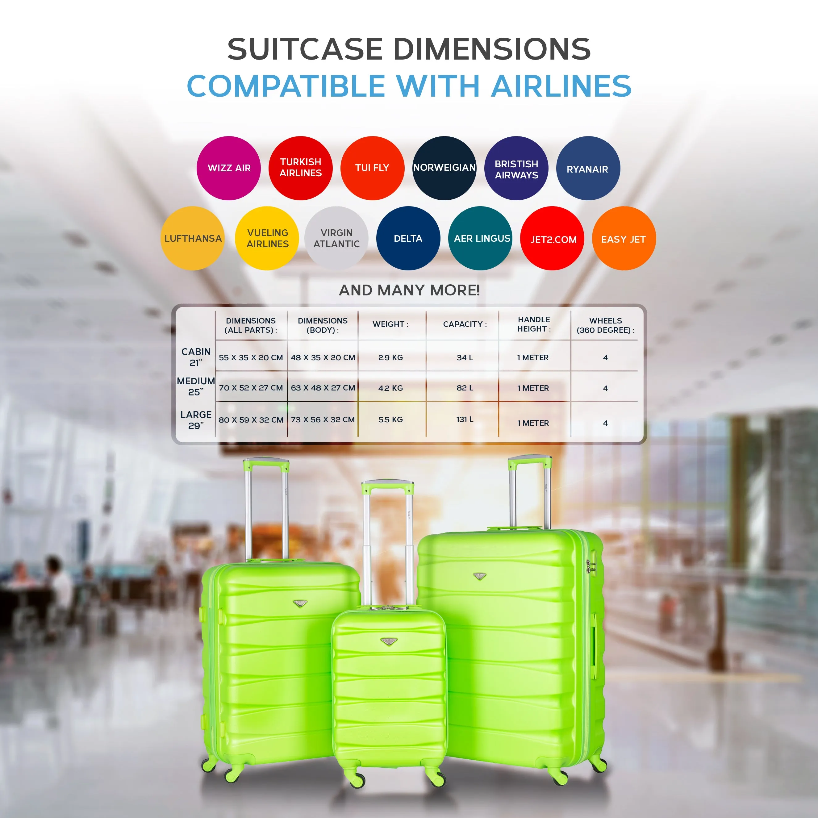 Lightweight 4 Wheel ABS Hard Case Suitcases Cabin & Hold Luggage Options 100  Airlines Approved