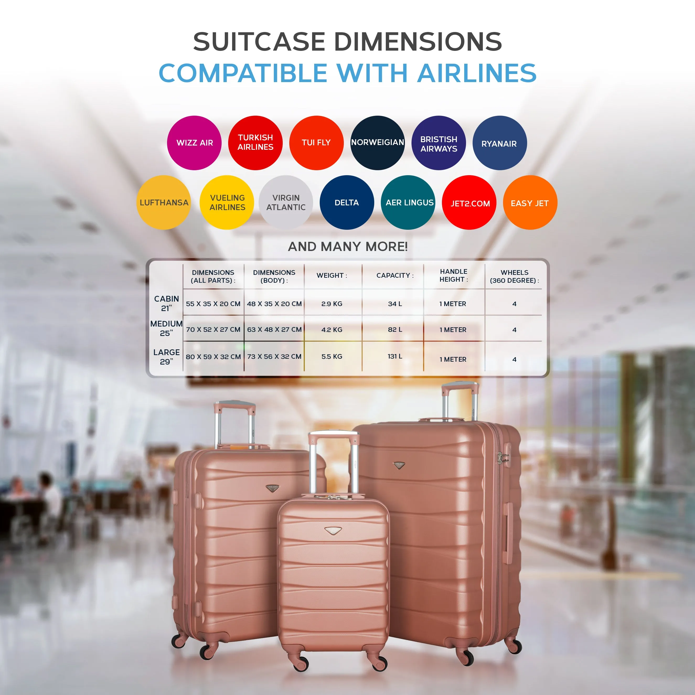 Lightweight 4 Wheel ABS Hard Case Suitcases Cabin & Hold Luggage Options 100  Airlines Approved