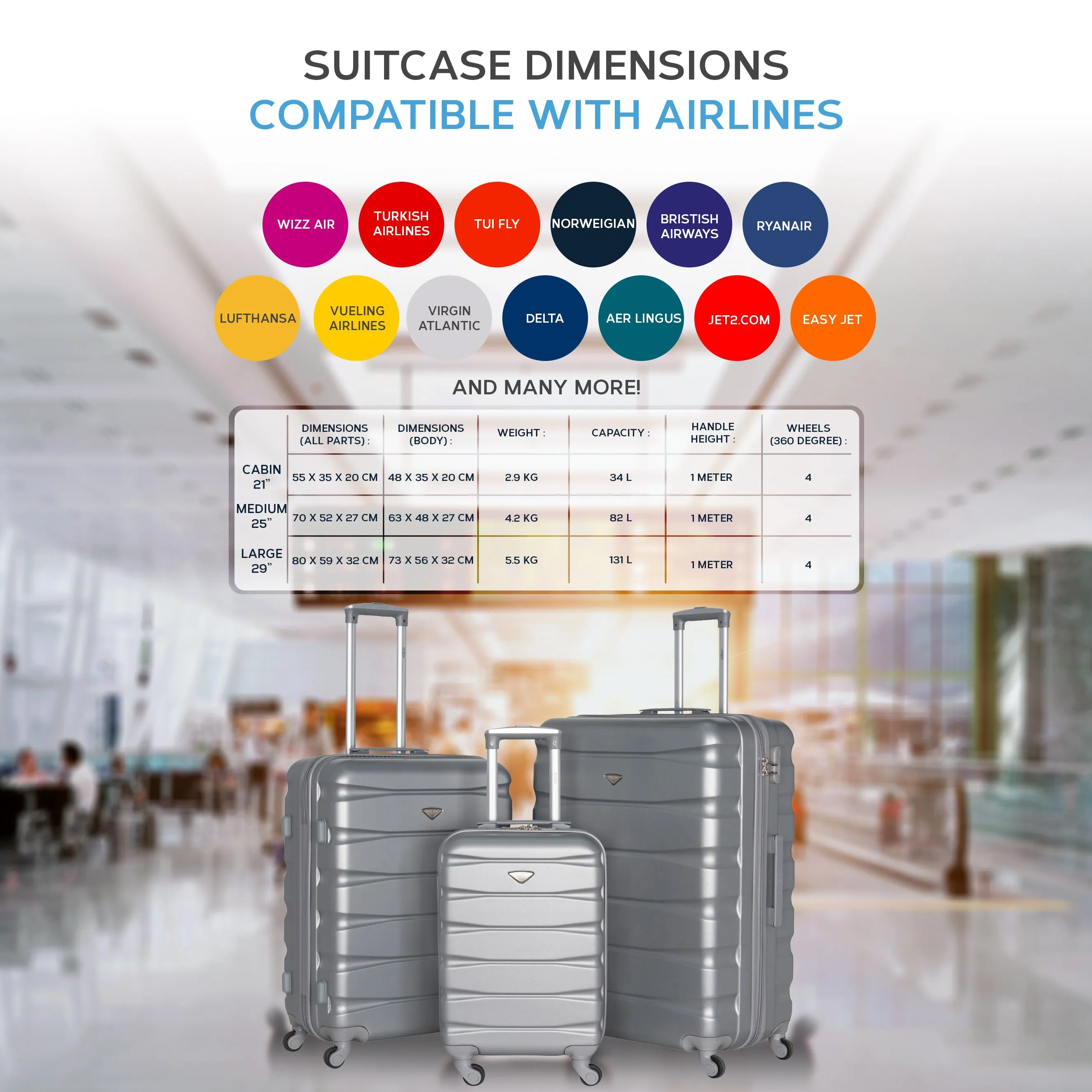 Lightweight 4 Wheel ABS Hard Case Suitcases Cabin & Hold Luggage Options 100  Airlines Approved