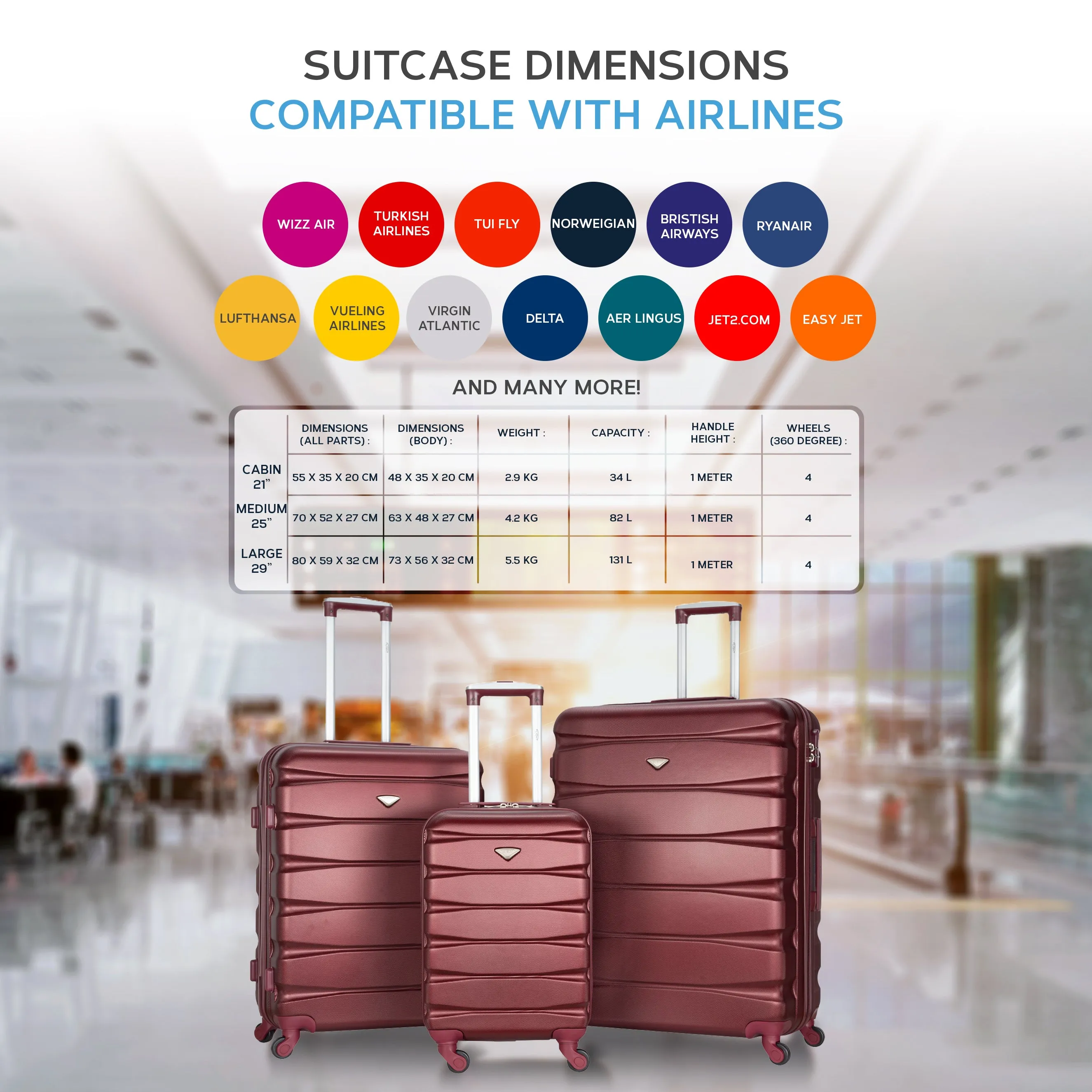 Lightweight 4 Wheel ABS Hard Case Suitcases Cabin & Hold Luggage Options 100  Airlines Approved