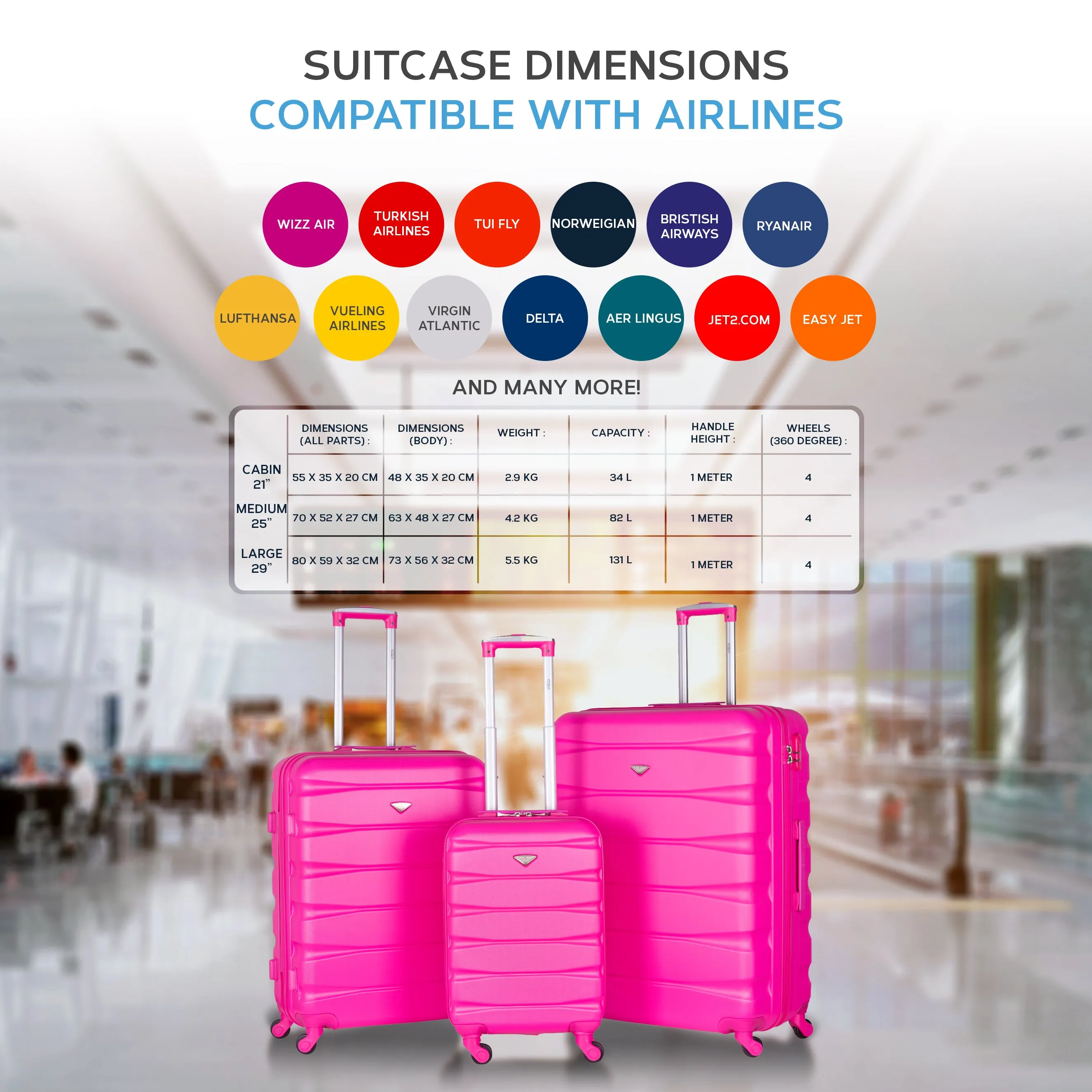 Lightweight 4 Wheel ABS Hard Case Suitcases Cabin & Hold Luggage Options 100  Airlines Approved