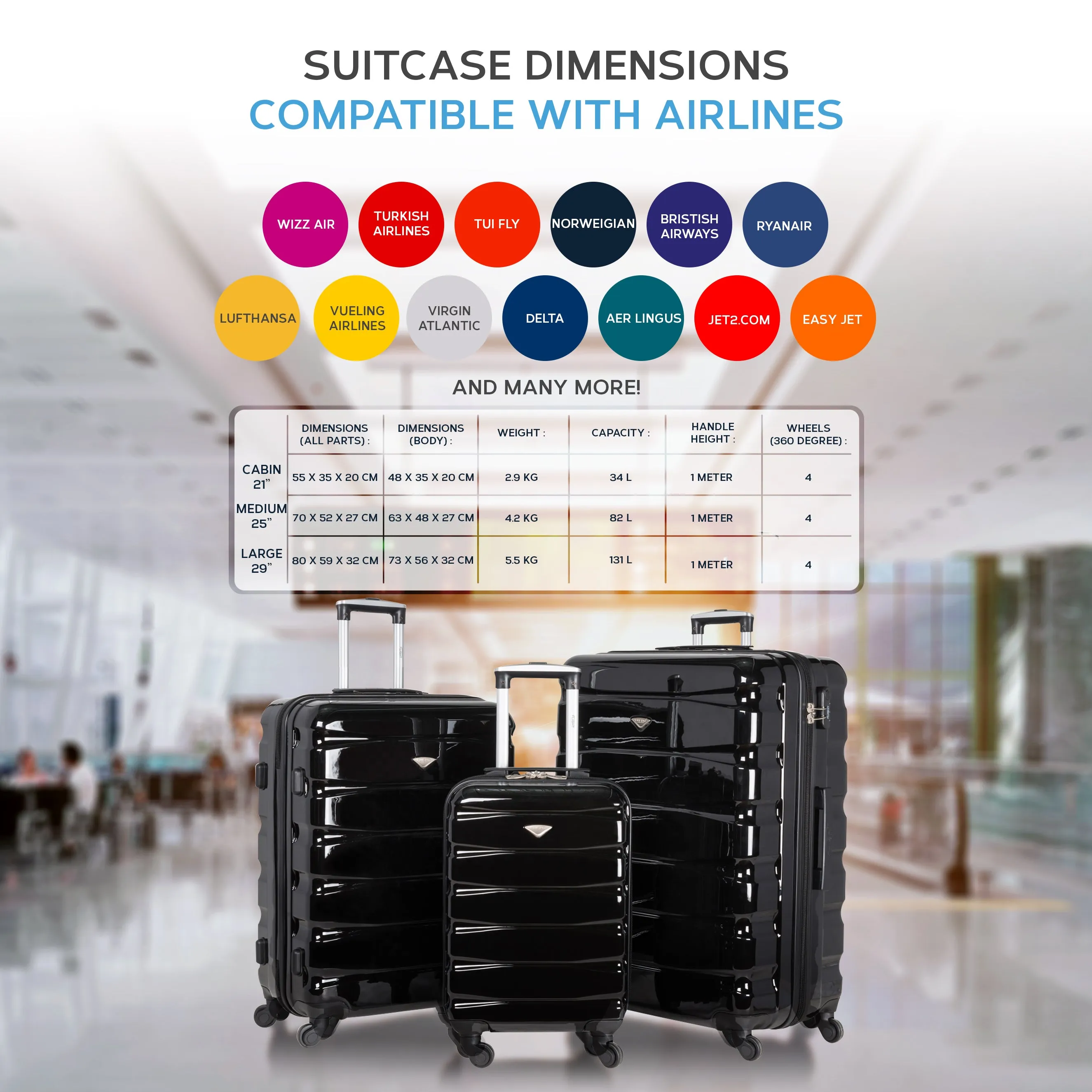 Lightweight 4 Wheel ABS Hard Case Suitcases Cabin & Hold Luggage Options 100  Airlines Approved