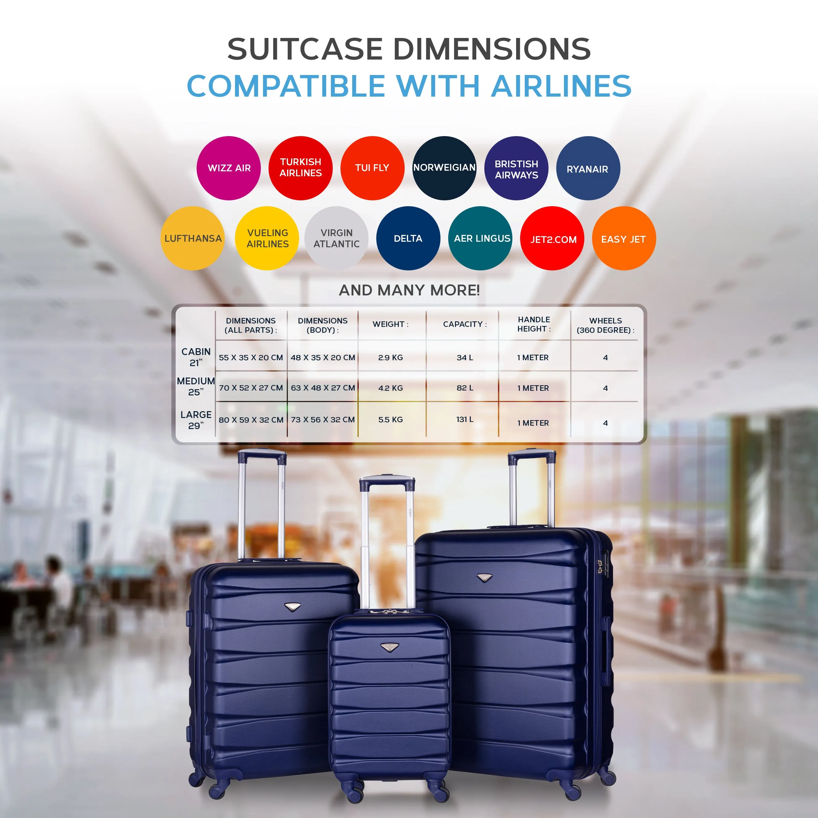 Lightweight 4 Wheel ABS Hard Case Suitcases Cabin & Hold Luggage Options 100  Airlines Approved