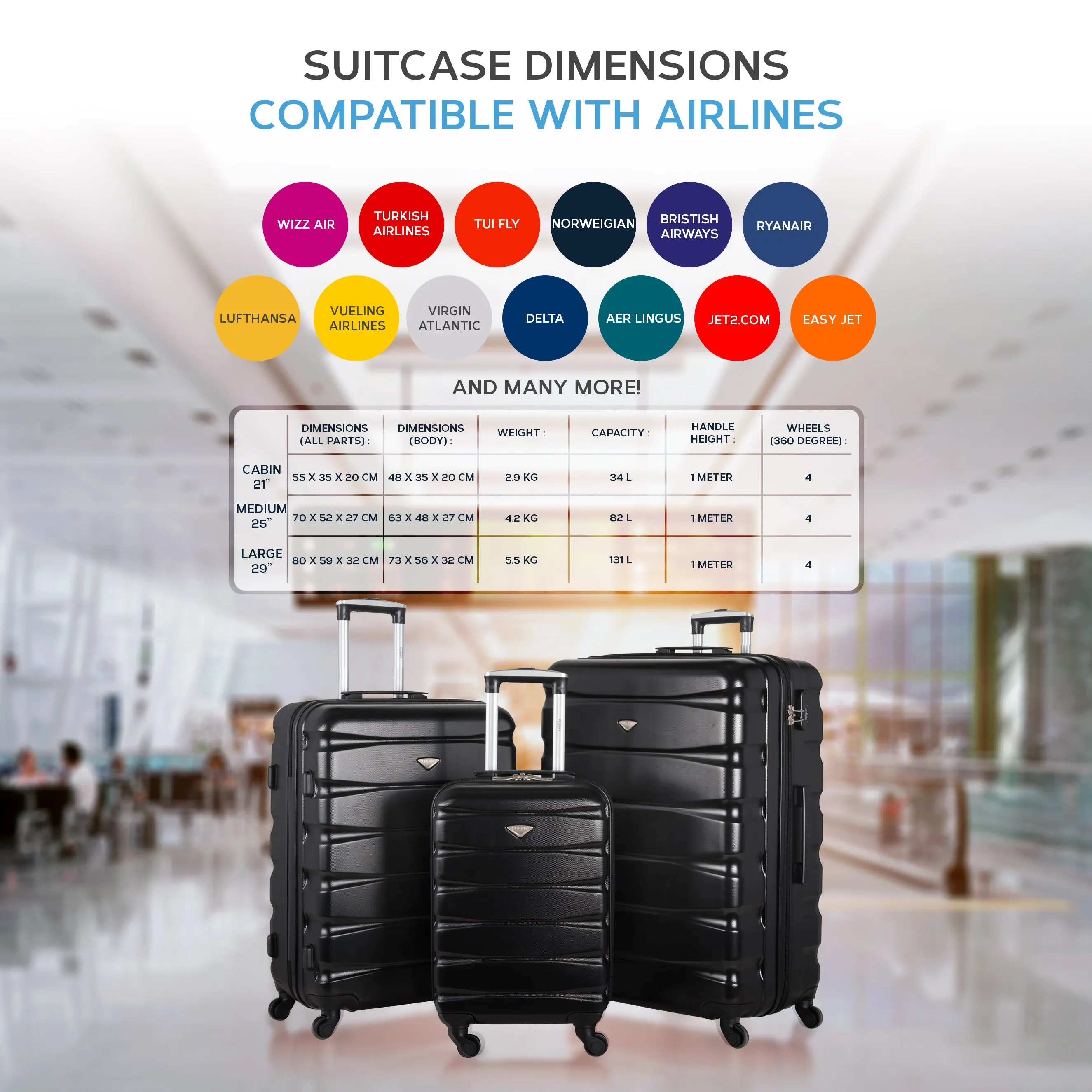 Lightweight 4 Wheel ABS Hard Case Suitcases Cabin & Hold Luggage Options 100  Airlines Approved