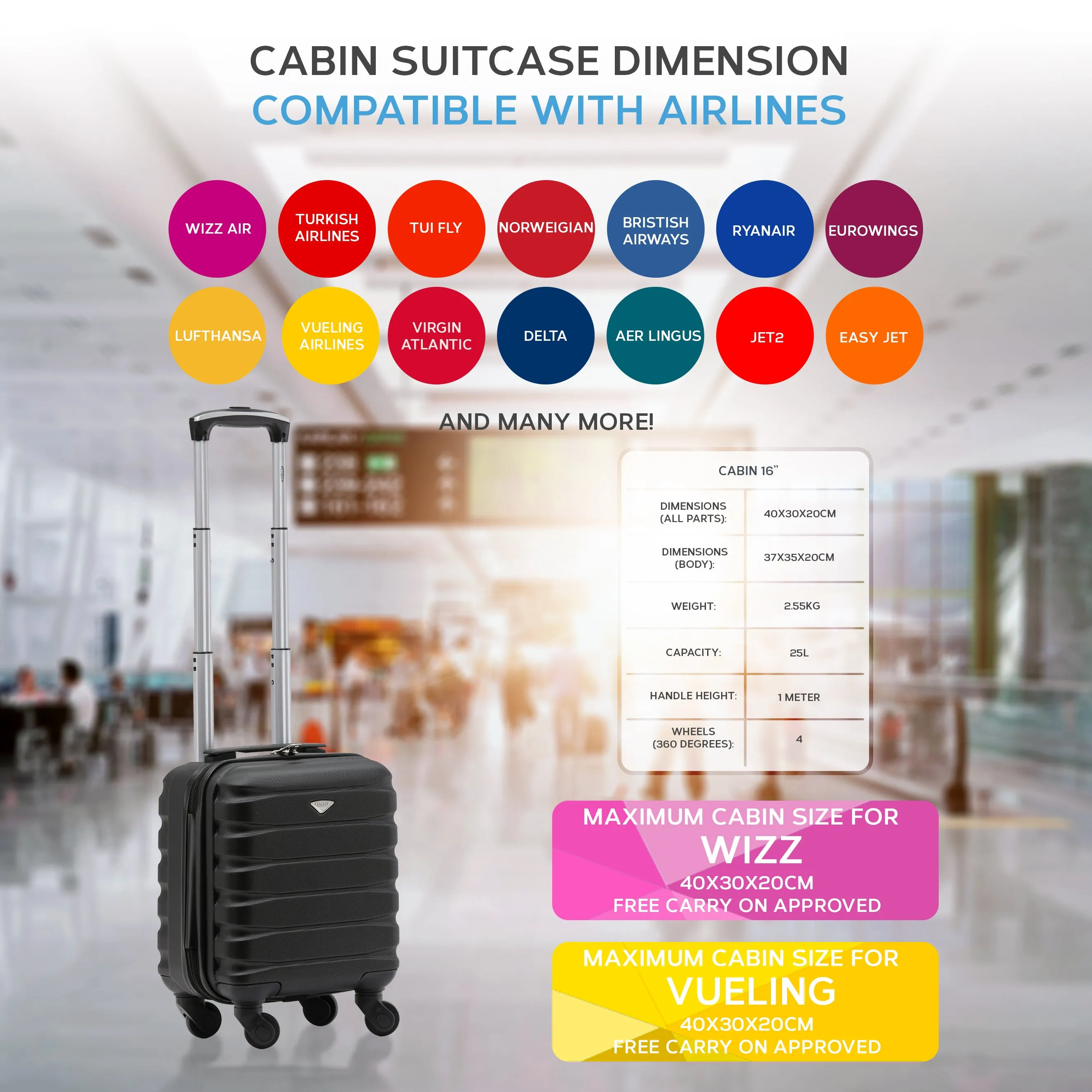 Lightweight 4 Wheel ABS Hard Case Suitcases Cabin Carry On Hand Luggage Approved for Over 100 Airlines Including easyJet & Maximum Size for Vueling & Wizz Air 40x30x20cm