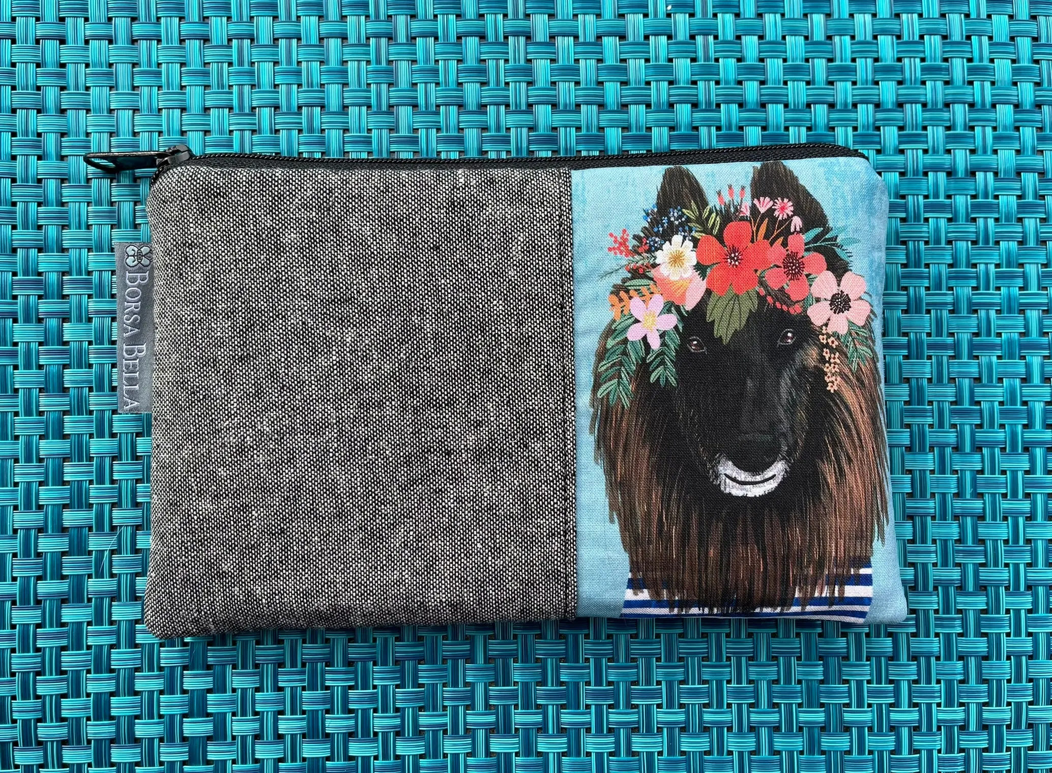 Limited Edition Catch All Zippered Pouch - Black Long Haired Dog with Blue Background