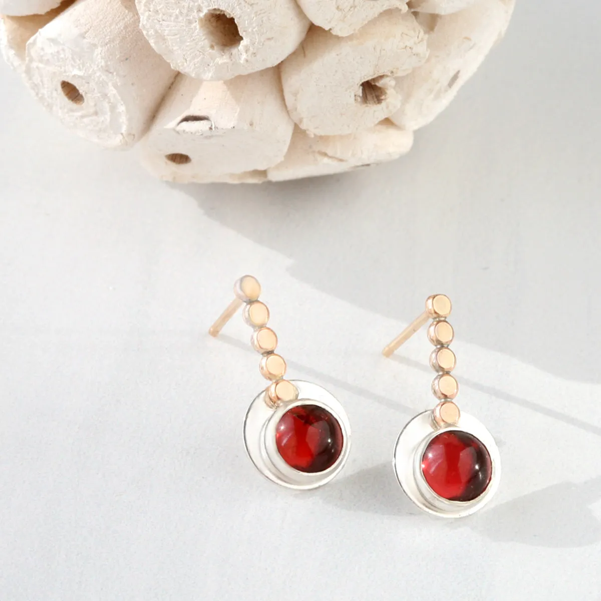 Minimalist Mixed Metal and Garnet Post Earrings - LITTLE DROPS