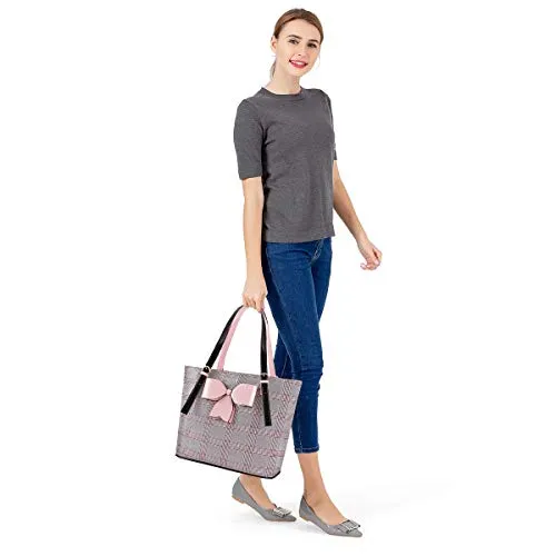 MOSISO Laptop Bag for Women, 15.6 inch Laptop Tote Bag Compatible with MacBook Pro 16 inch A2141 & Notebook, PU Leather Grid Large Capacity Work Business Travel Briefcase Handbag with Bowknot,Pink&Red