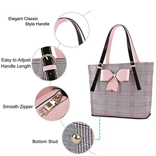 MOSISO Laptop Bag for Women, 15.6 inch Laptop Tote Bag Compatible with MacBook Pro 16 inch A2141 & Notebook, PU Leather Grid Large Capacity Work Business Travel Briefcase Handbag with Bowknot,Pink&Red
