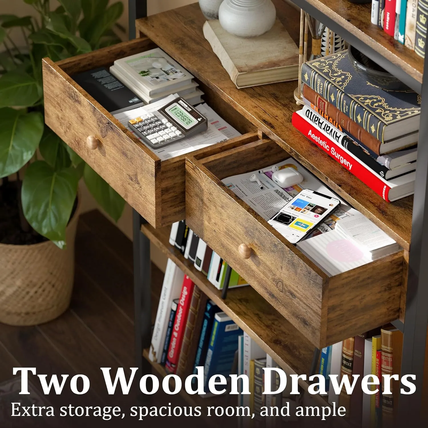 NEW Assembled YAOHUOO Bookshelf with Drawers-31.5 Inches Widen Industrial Book Shelf with Bookend,5Tiers Tall Storage Shelves, Steel Frame Display Rack, Suitable for Bedroom, Office, Living Room, Bathroom, Retails $180