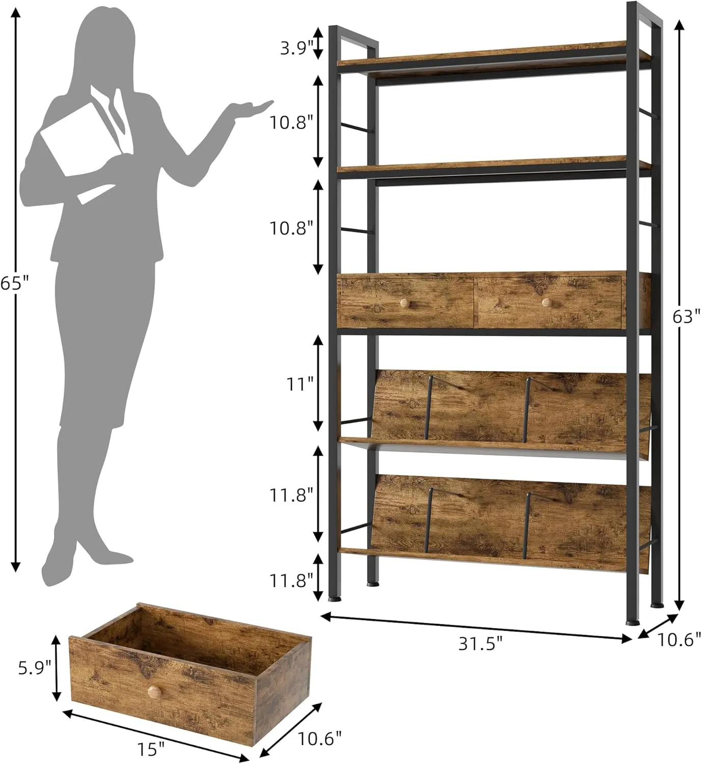 NEW Assembled YAOHUOO Bookshelf with Drawers-31.5 Inches Widen Industrial Book Shelf with Bookend,5Tiers Tall Storage Shelves, Steel Frame Display Rack, Suitable for Bedroom, Office, Living Room, Bathroom, Retails $180