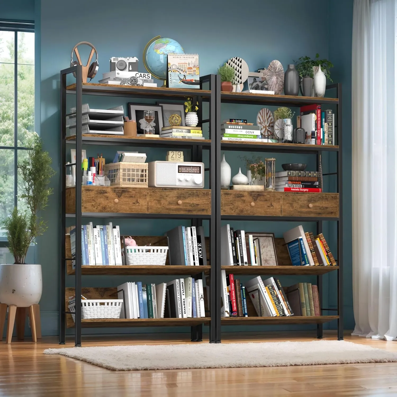 NEW Assembled YAOHUOO Bookshelf with Drawers-31.5 Inches Widen Industrial Book Shelf with Bookend,5Tiers Tall Storage Shelves, Steel Frame Display Rack, Suitable for Bedroom, Office, Living Room, Bathroom, Retails $180
