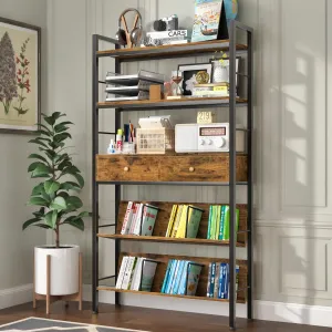 NEW Assembled YAOHUOO Bookshelf with Drawers-31.5 Inches Widen Industrial Book Shelf with Bookend,5Tiers Tall Storage Shelves, Steel Frame Display Rack, Suitable for Bedroom, Office, Living Room, Bathroom, Retails $180
