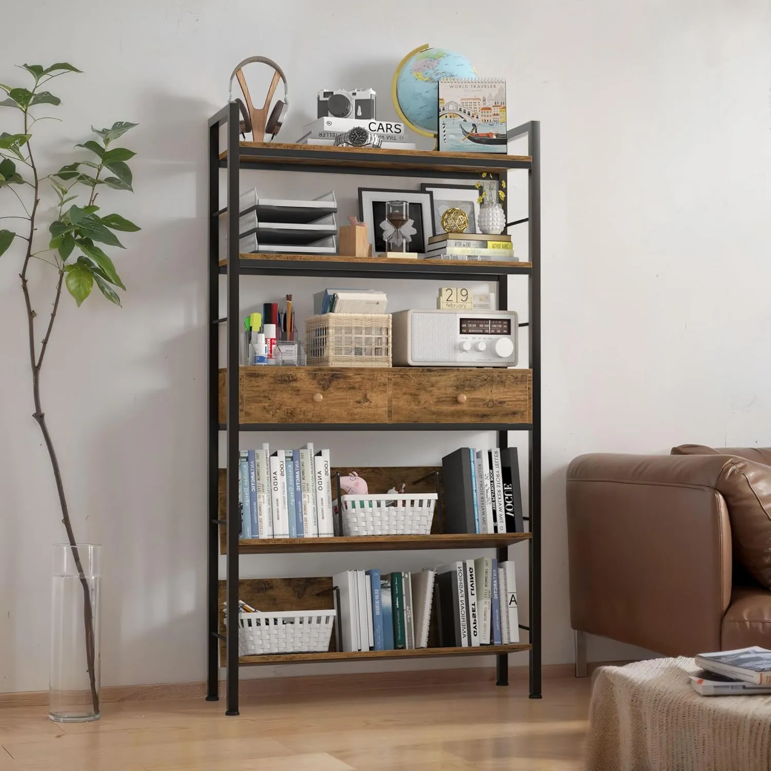 NEW Assembled YAOHUOO Bookshelf with Drawers-31.5 Inches Widen Industrial Book Shelf with Bookend,5Tiers Tall Storage Shelves, Steel Frame Display Rack, Suitable for Bedroom, Office, Living Room, Bathroom, Retails $180
