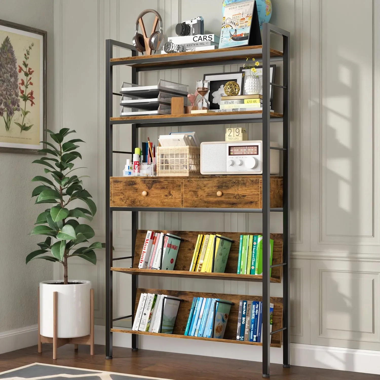 NEW Assembled YAOHUOO Bookshelf with Drawers-31.5 Inches Widen Industrial Book Shelf with Bookend,5Tiers Tall Storage Shelves, Steel Frame Display Rack, Suitable for Bedroom, Office, Living Room, Bathroom, Retails $180