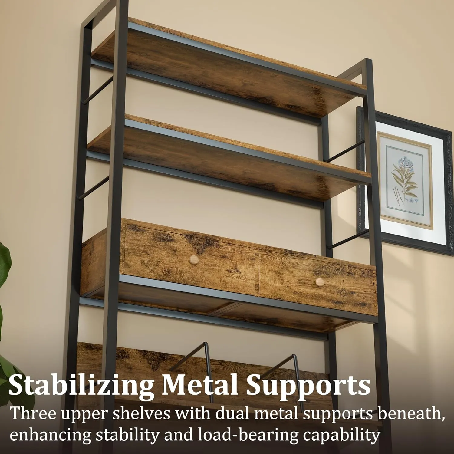 NEW Assembled YAOHUOO Bookshelf with Drawers-31.5 Inches Widen Industrial Book Shelf with Bookend,5Tiers Tall Storage Shelves, Steel Frame Display Rack, Suitable for Bedroom, Office, Living Room, Bathroom, Retails $180