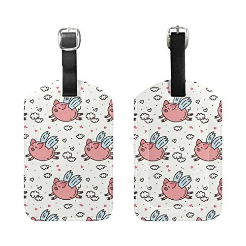 Pink Fly Pig Travel Leather Luggage Baggage Suitcases Tags Label Set of 2
