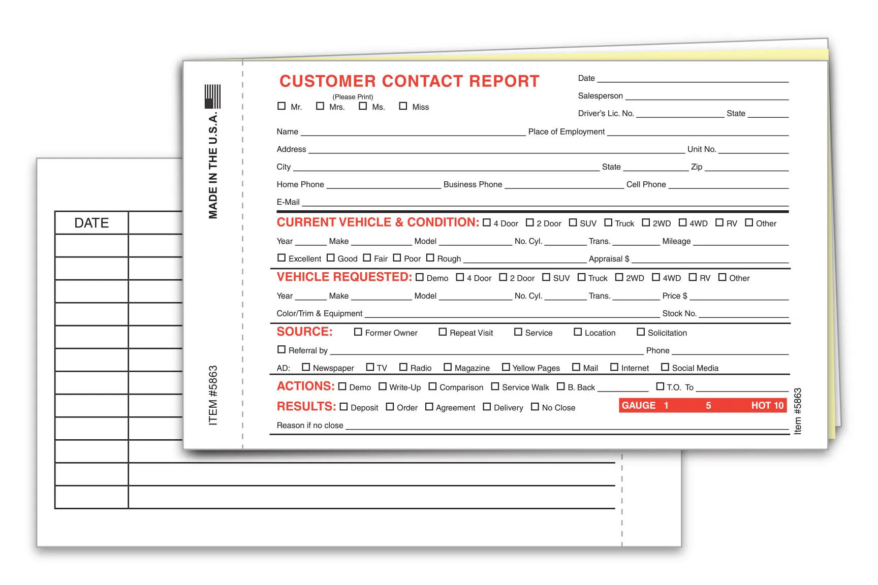 Prospect Tracker Customer Contact Report - 3-Part Carbonless Front and Back Forms for Tracking Prospects and Potential Buyers - (6-5/8" × 4") White, Canary, Pink