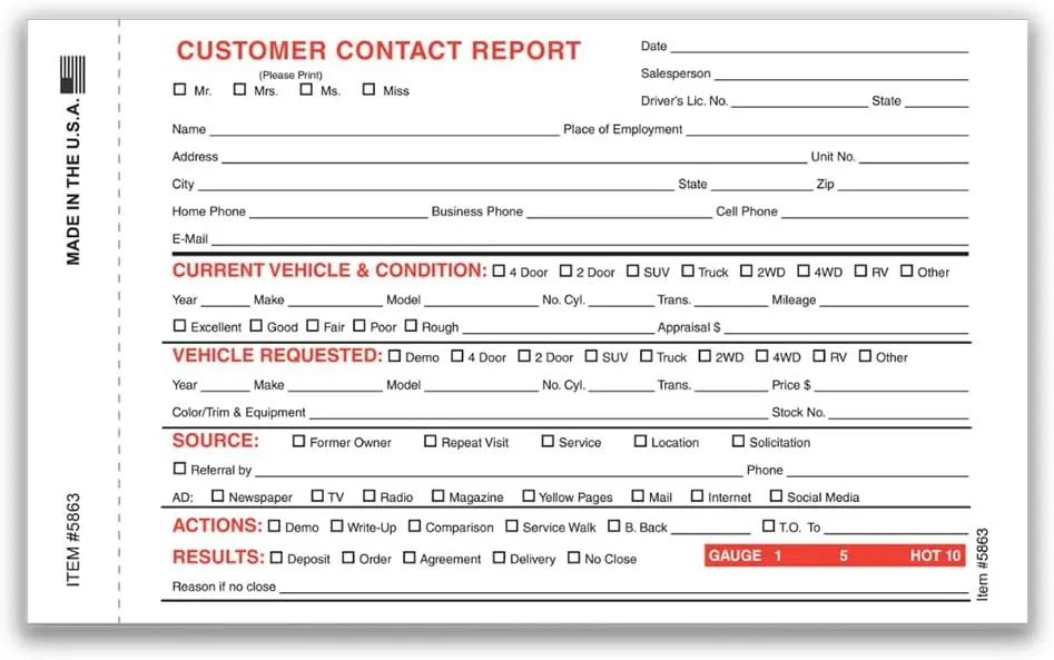 Prospect Tracker Customer Contact Report - 3-Part Carbonless Front and Back Forms for Tracking Prospects and Potential Buyers - (6-5/8" × 4") White, Canary, Pink