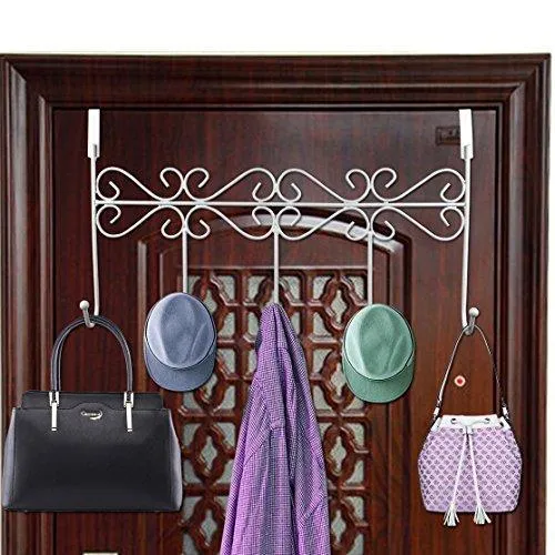 Rbenxia Over the Door 5 Hanger Rack Decorative Metal Hanger Holder for Home Office Use, White