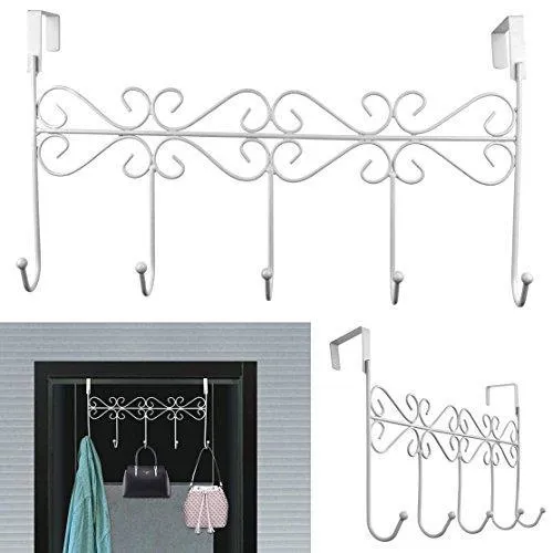 Rbenxia Over the Door 5 Hanger Rack Decorative Metal Hanger Holder for Home Office Use, White