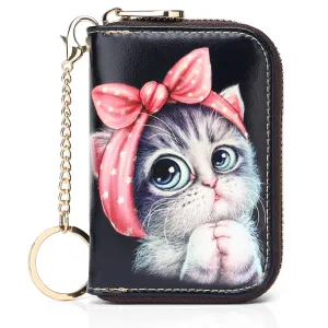RFID Credit Card Holder Wallets for Women Leather Zipper Card Case for Ladie-Big-eyed Cat Card Holder