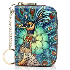 RFID Credit Card Holder Wallets for Women Leather Zipper Card Case for Ladie-Peacock Card Holder