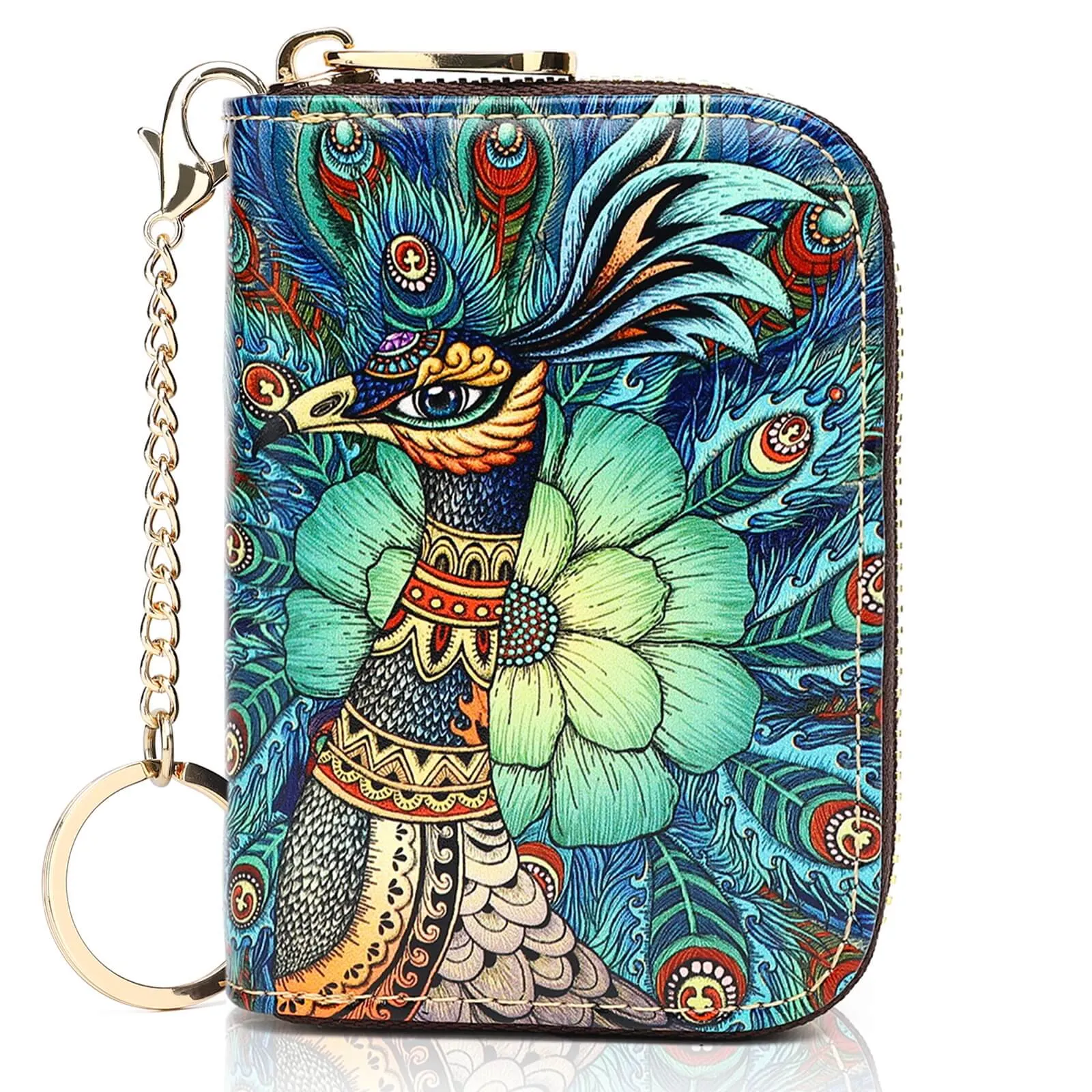 RFID Credit Card Holder Wallets for Women Leather Zipper Card Case for Ladie-Peacock Card Holder