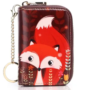 RFID Credit Card Holder Wallets for Women Leather Zipper Card Case for Ladie-Red fox Card Holder